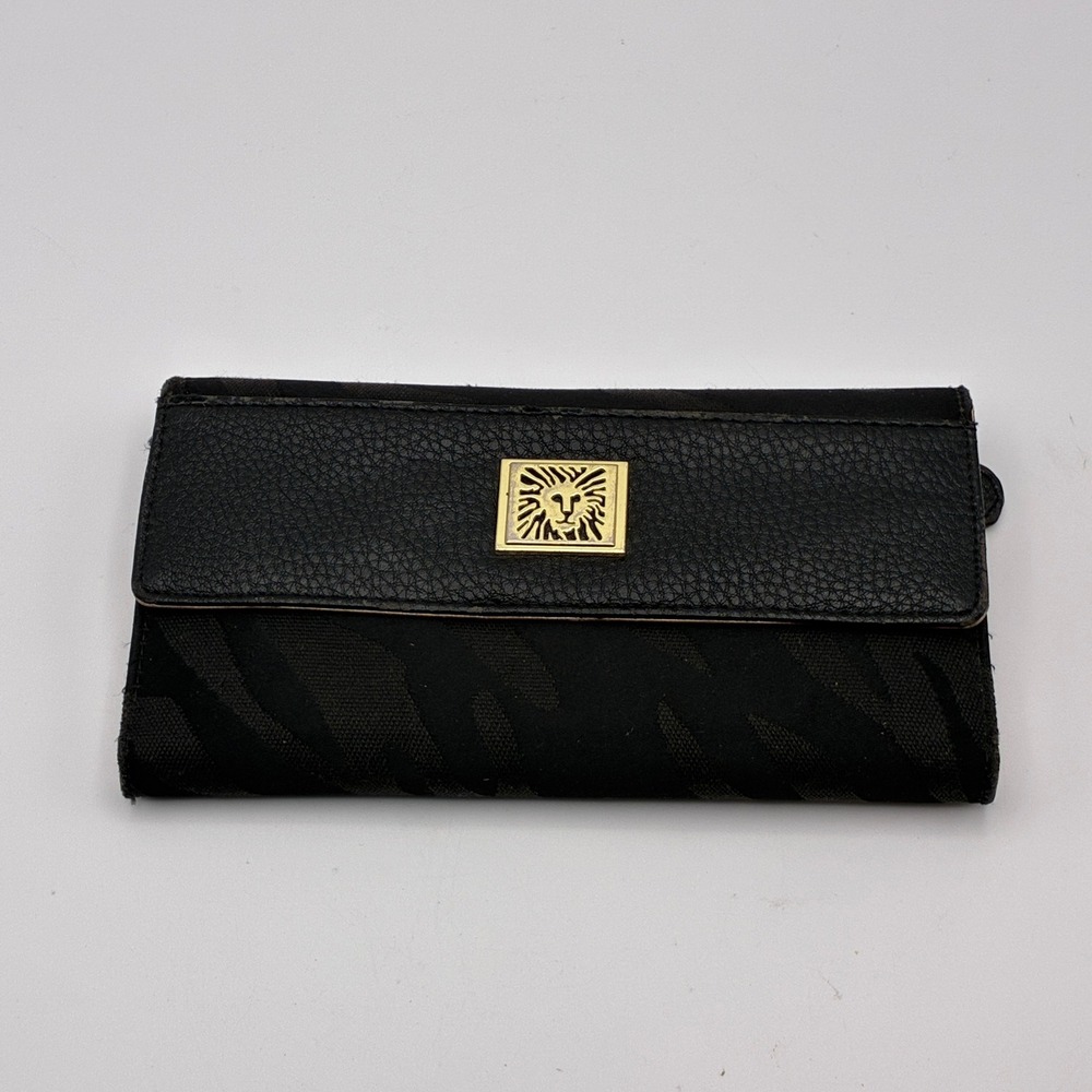 Anne Klein Wallet Black Tiger Stripe Gold Tone Logo Tri-Fold Clutch